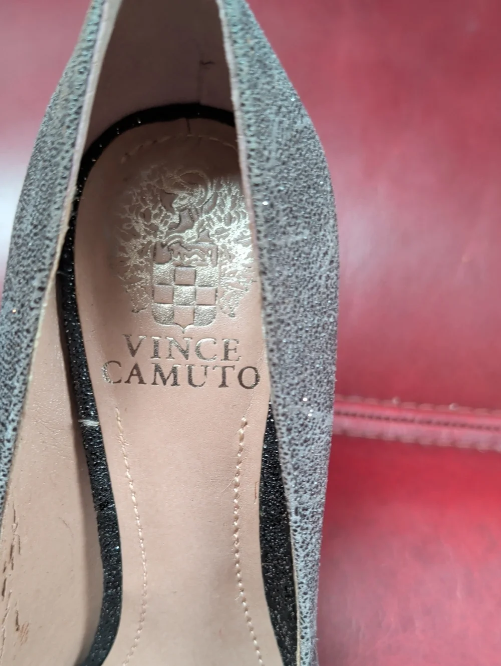 Vince Camuto Two-Tone Glitter Peep-Toe Pumps - Black & Sliver Size 6